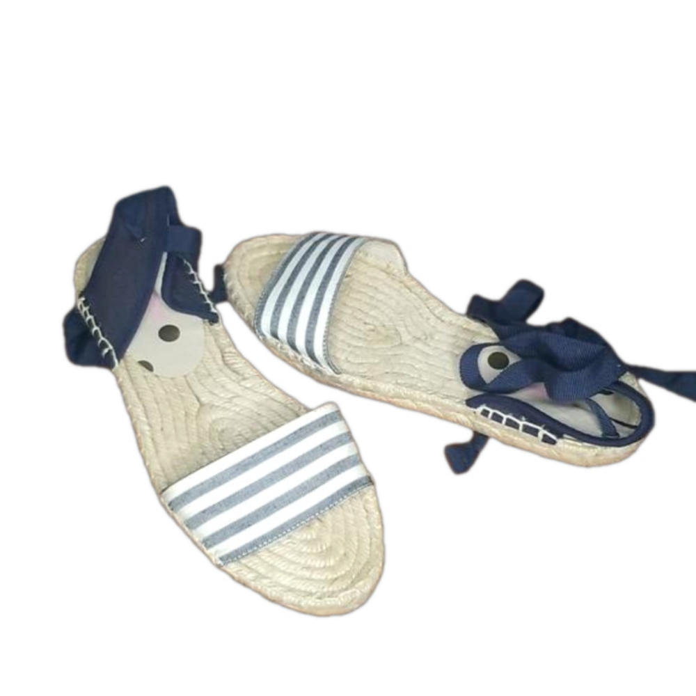 Boden - Navy/White Striped Flat Espadrilles Ankle Ribbons | Size: 7 US